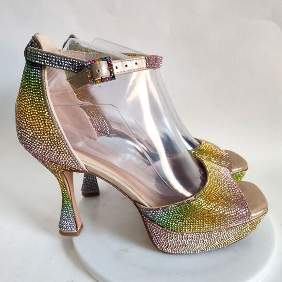 Sparkly Rhinestones Pumps Platform Flare Heels 7.5 Sexy Pastel Rainbow Open Toe - Picture 1 of 10